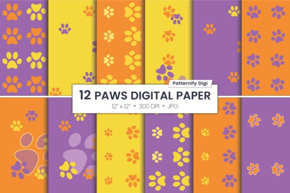 Creative Assets: Purple and Orange Paws Digital Paper